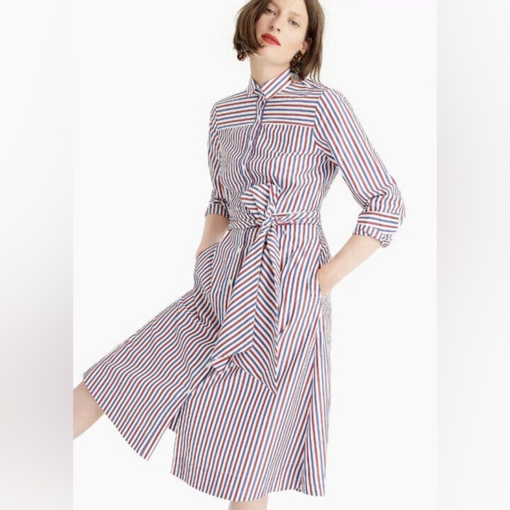 J. Crew Women’s Maribou Mixy Long Sleeve Navy White Red Stripe Shirtdress Pocket